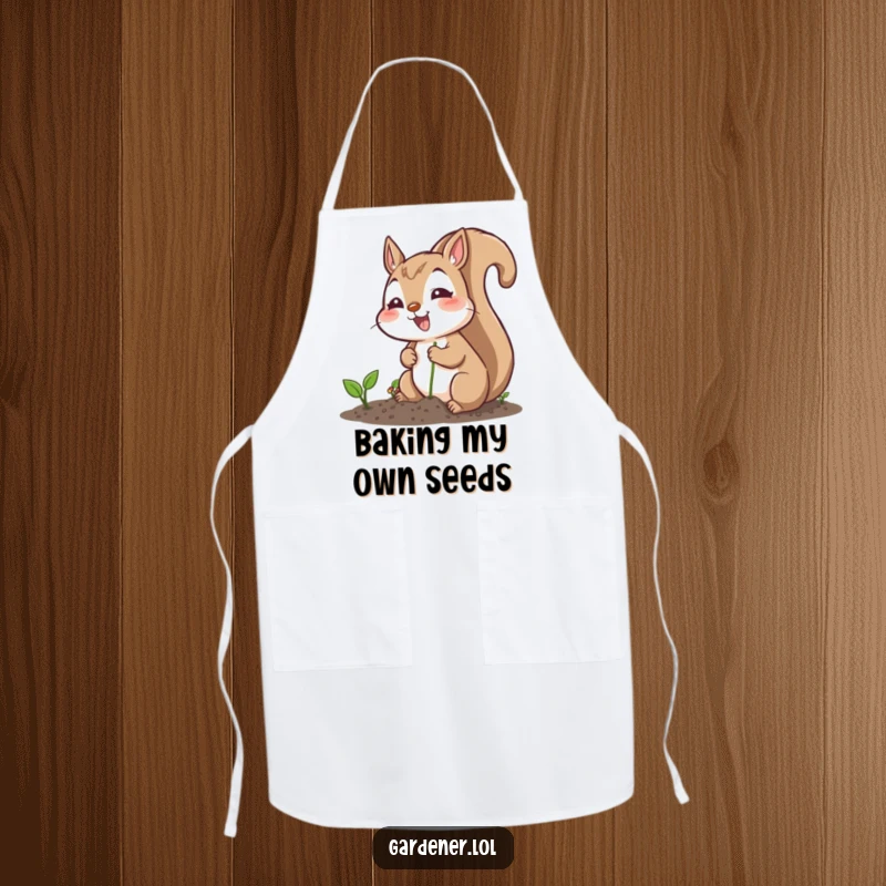 Funny apron with an excited squirrel character planting seeds cheerfully, ideal for humorous cooking or gardening sessions.