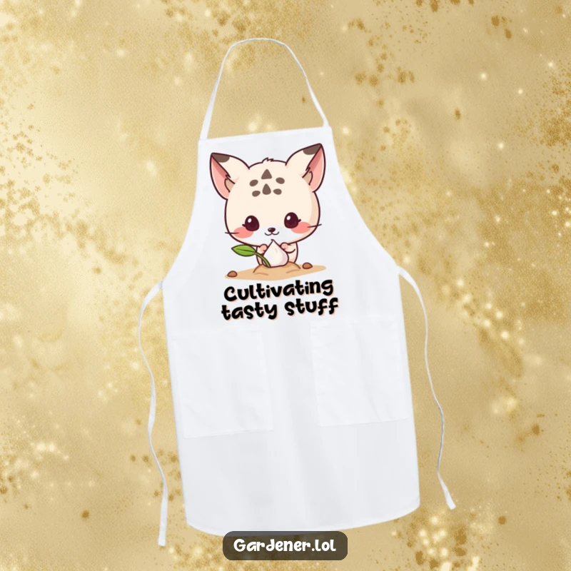 Funny apron with a cute animal character curiously peeking at a sprouting seed, ideal for kitchen fun and garden enthusiasts.