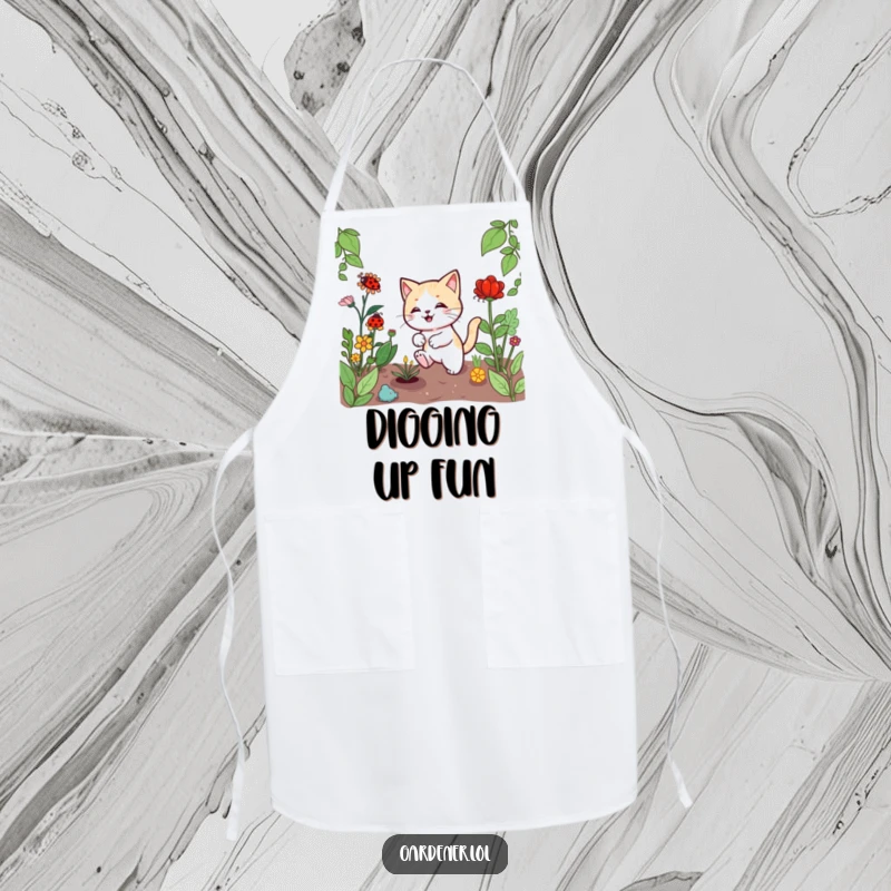 Funny Kawaii cat gardener apron, showing a playful cat chasing a ladybug among plants, perfect for a humorous cooking experience.