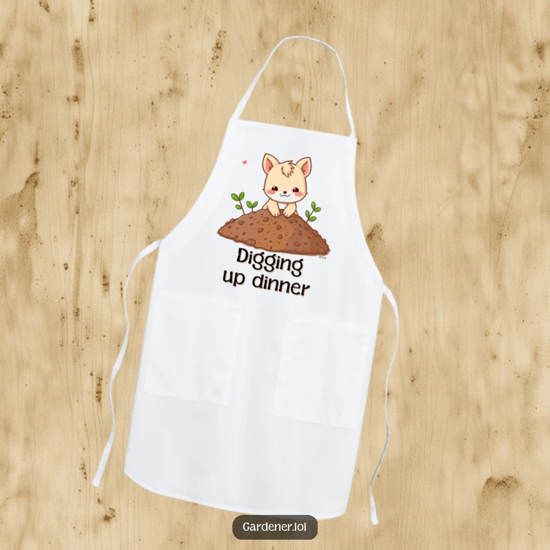 Funny apron with an animal character playfully digging in a giant pile of soil, perfect for a humorous and dedicated work session.