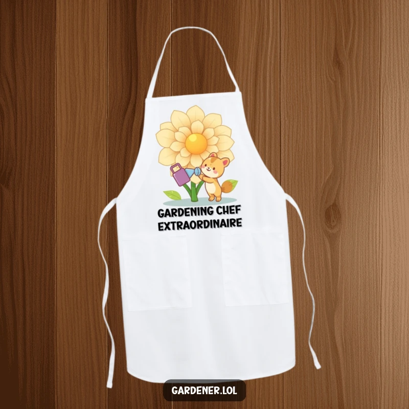 Funny Animal Gardener Apron: Cute joyful animal character waters a giant flower with a watering can, adding whimsy to kitchen tasks, a funny gift.