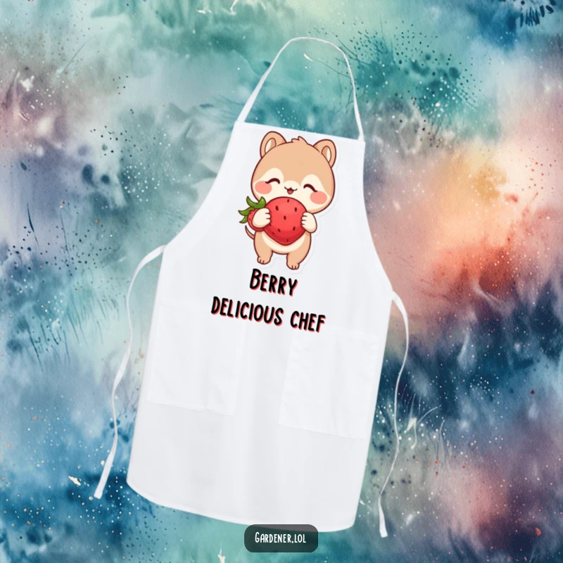 Funny apron showing a cute animal character looking with glee at a plump, happy strawberry, a humorous design for the kitchen.