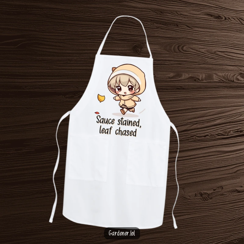 Funny Apron: A character playfully chases a falling autumn leaf, designed for those who love the season's activities.