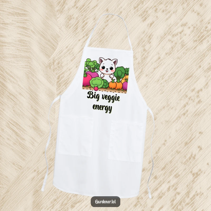 Funny kitchen apron with a happy animal tending giant vegetables, perfect for chefs and garden enthusiasts.