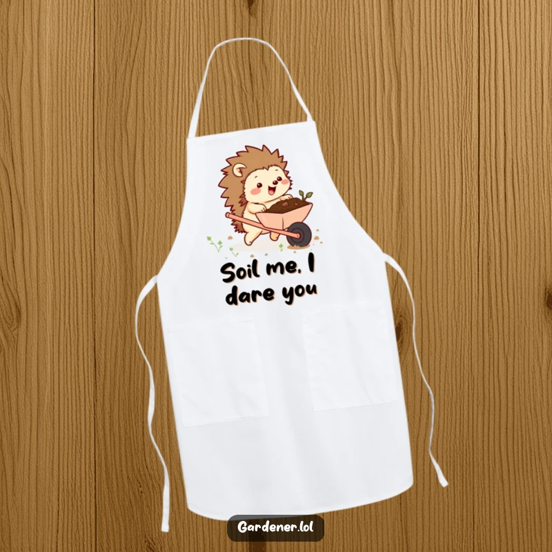 Funny apron with a chubby hedgehog character excitedly pushing a wheelbarrow full of soil, ideal for humorous gardening or kitchen activities.