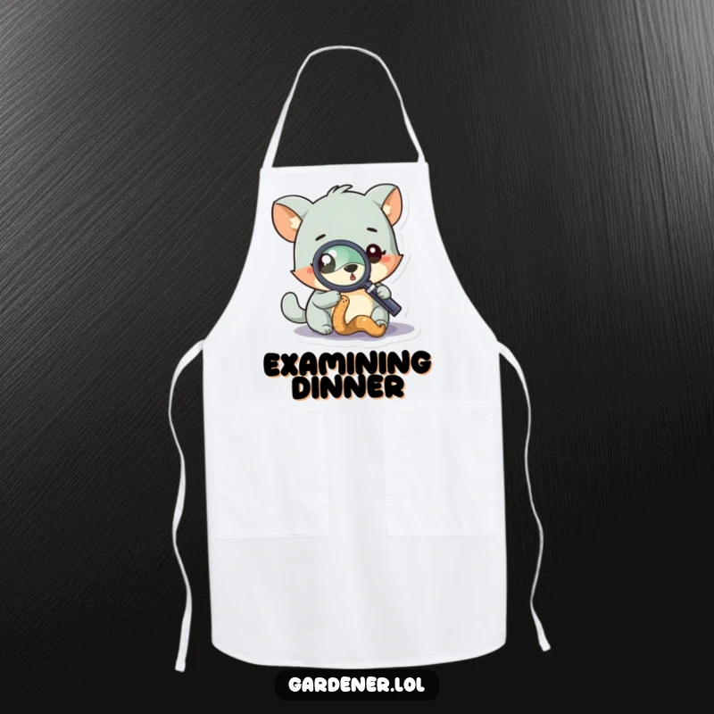 Funny apron with a curious animal character examining a worm using a magnifying glass, perfect for kitchen exploration and cleanliness.