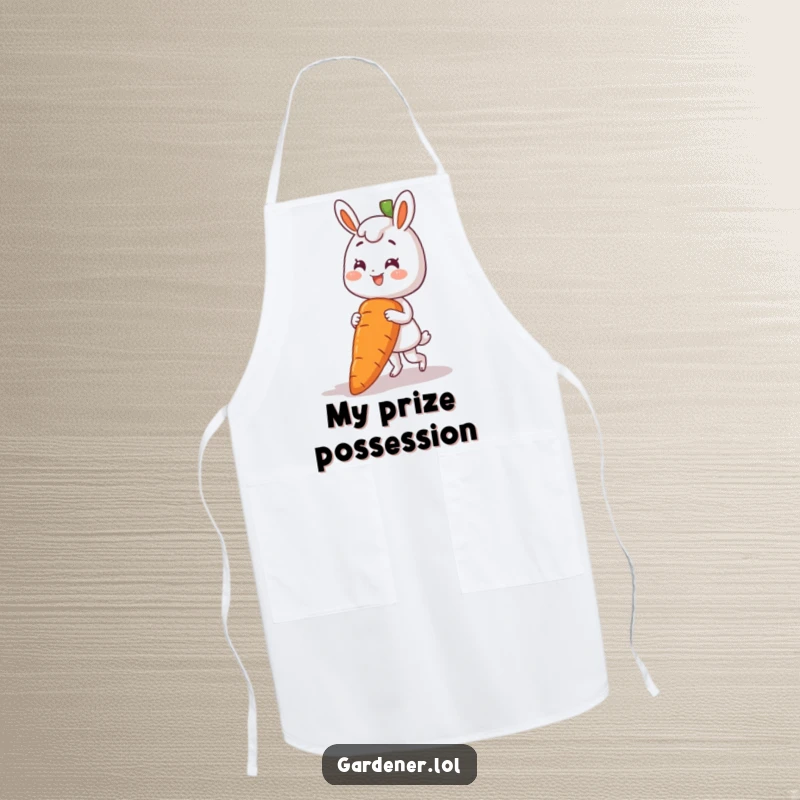 Funny apron showing a happy character pulling a comically large carrot from the ground, garden-themed kitchenware.