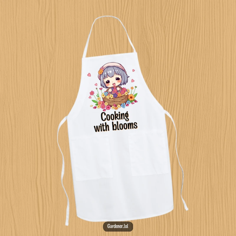 Funny apron with a character excitedly collecting colorful flower petals in a basket, perfect for gardening.