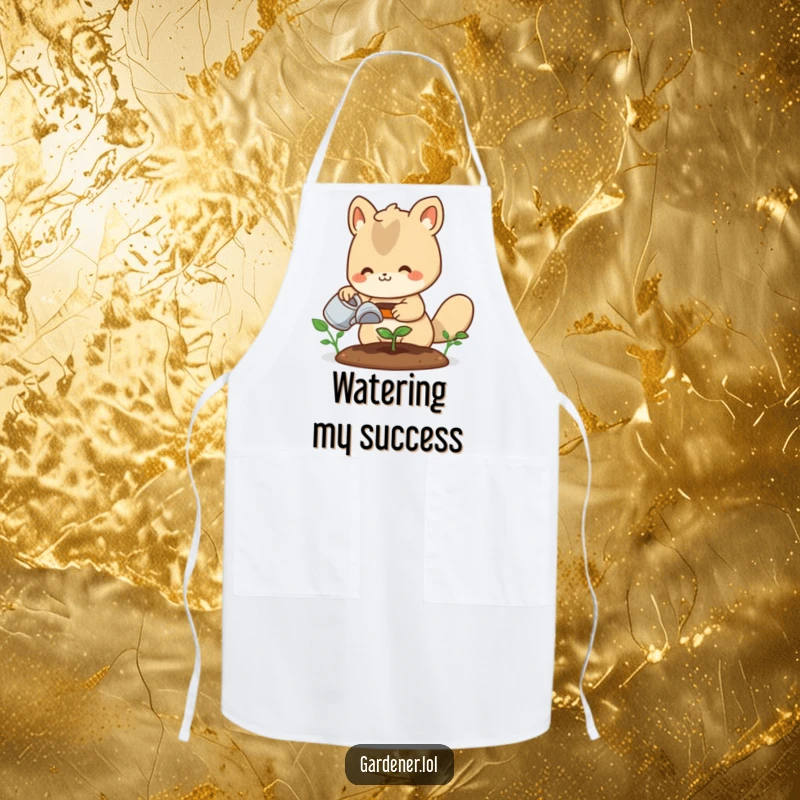 Funny apron: A cute animal gardener happily waters a small sprout, perfect for keeping clean while tending to plants or cooking.