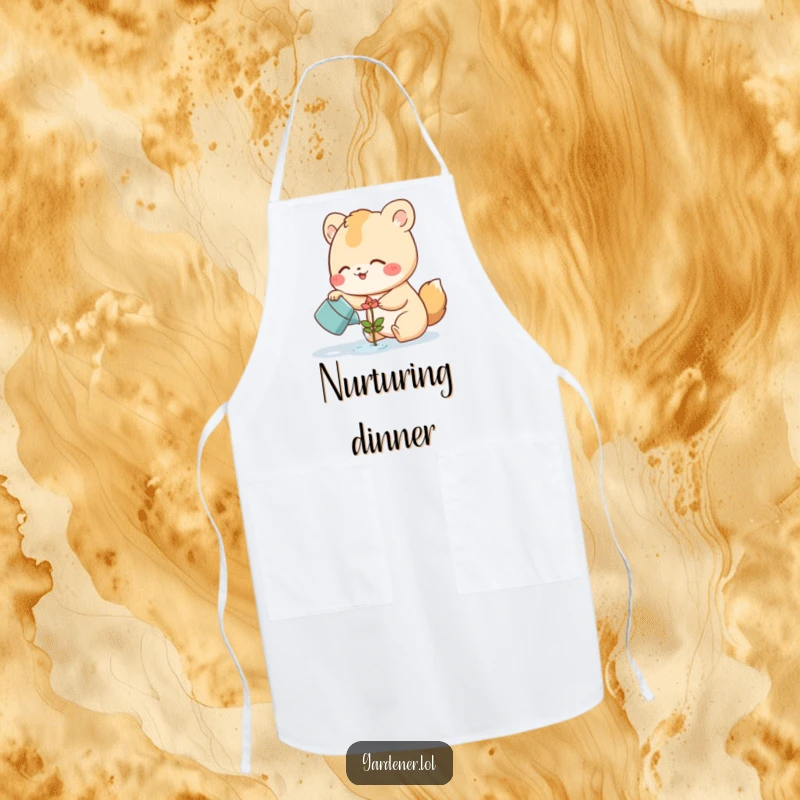 Funny Apron featuring a cute animal character joyfully watering a smiling flower sprout, perfect for cooks who enjoy nature and a bit of humor.
