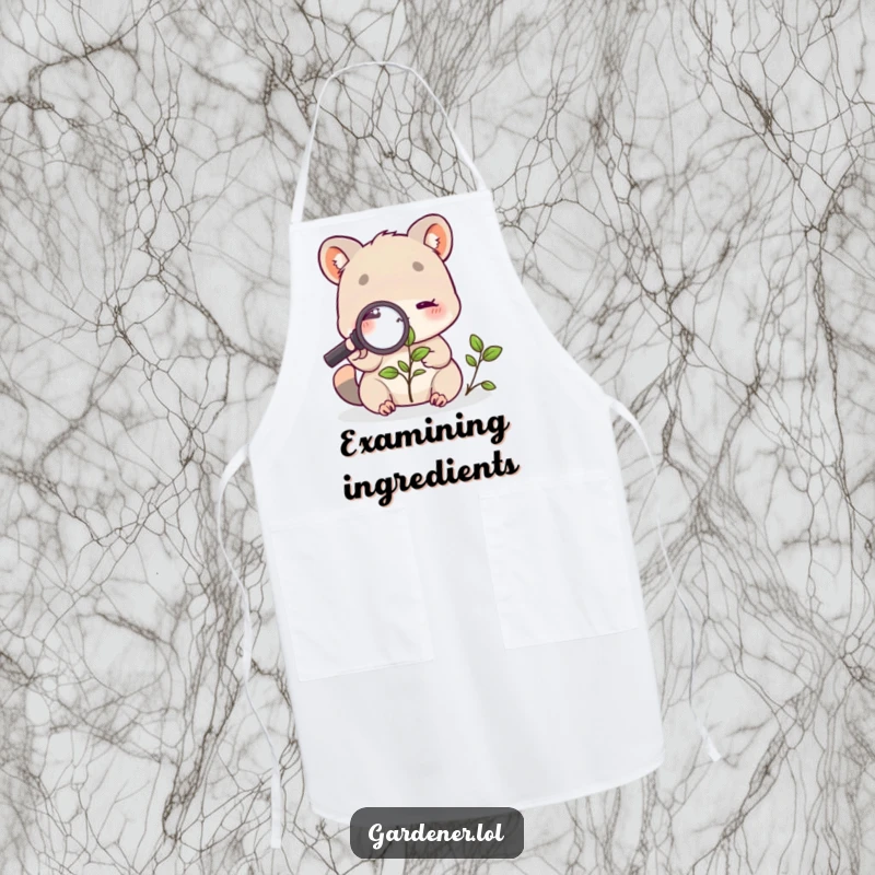 Funny apron with a cute animal character using a magnifying glass to examine a tiny plant, designed for a humorous cooking or gardening experience.