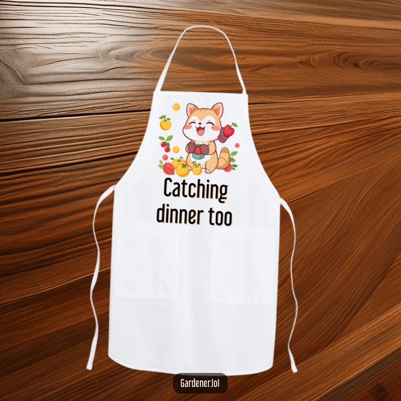 Funny joyful animal catching falling fruit with gardening gloves, protective kitchen and harvest apron.