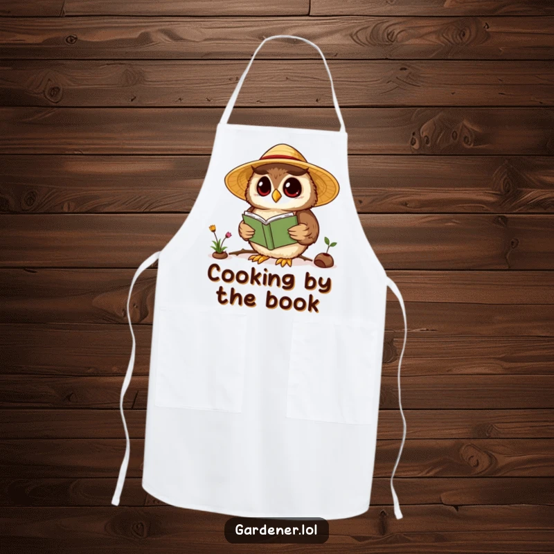 Funny Kawaii owl gardener apron, showing a wise owl in a straw hat reading a gardening book, perfect for humorous cooking.