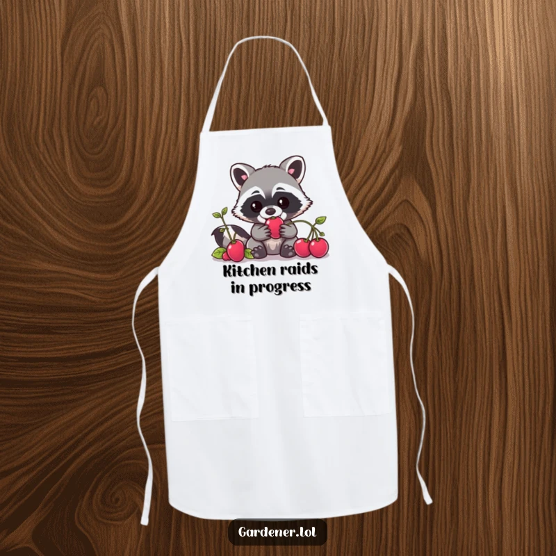 Funny Kawaii raccoon gardener apron, a mischievous character sneaking a berry, functional and humorous kitchen wear.