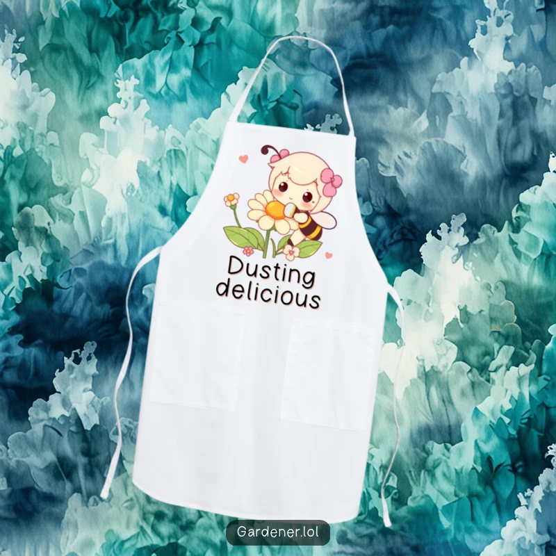 Funny apron with a character playfully pollinating a flower with a fluffy brush, ideal for creative cooking and nature lovers.