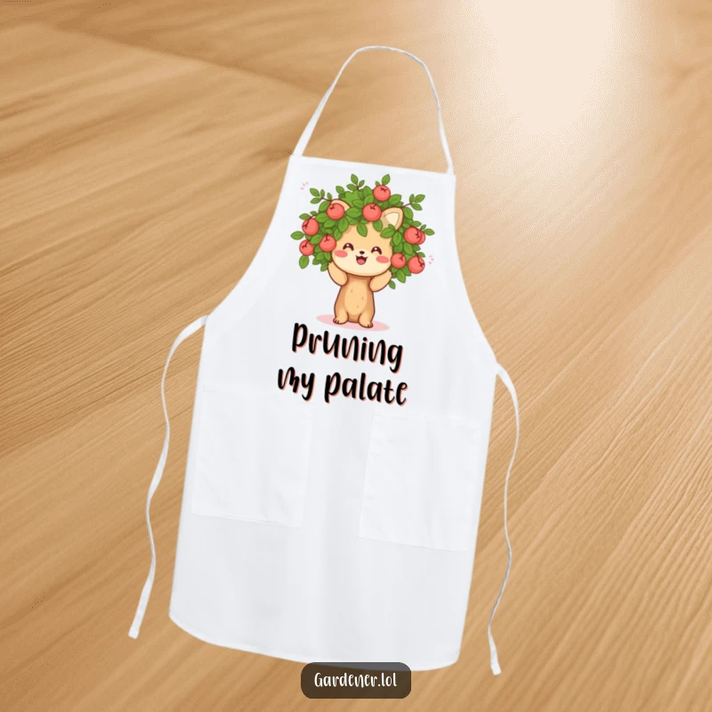 Funny apron with a cheerful animal character pruning a small, friendly bush, keeping you clean with a smile.