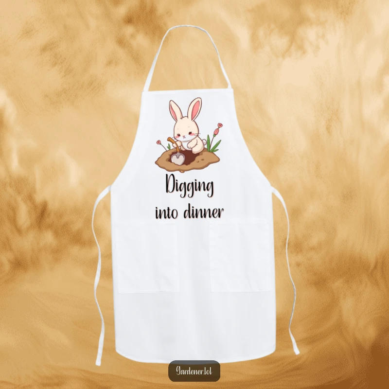 Funny apron featuring a playful rabbit digging a hole with a tiny shovel, designed for kitchen projects and humor.