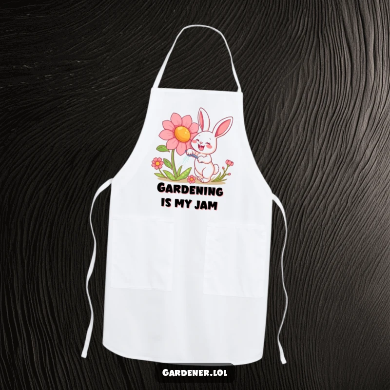 Funny apron with a happy rabbit character gleefully watering a giant, smiling flower, perfect for humorous kitchen or gardening sessions.