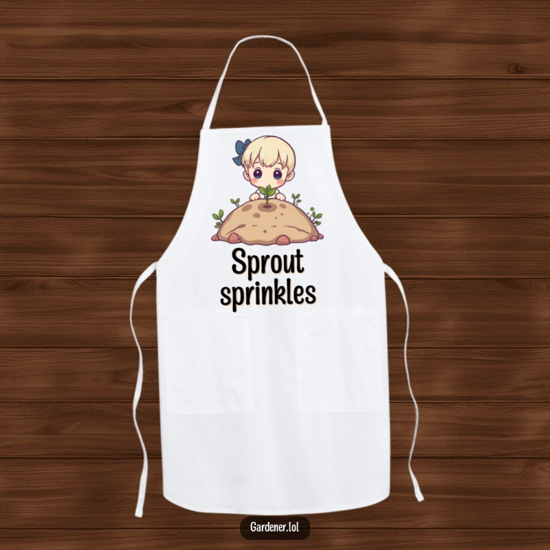 Funny apron with a character admiring a tiny sprout emerging from the earth, ideal for kitchen tasks and garden dreams.