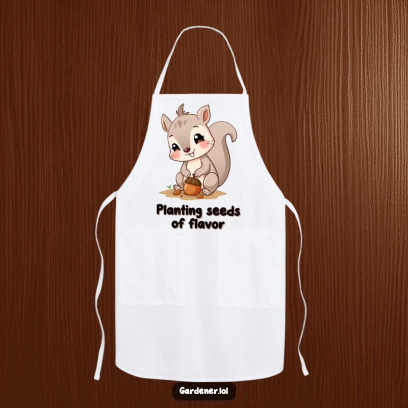 Funny apron featuring a curious squirrel planting an acorn with a smile, perfect for cheerful and practical kitchen use.
