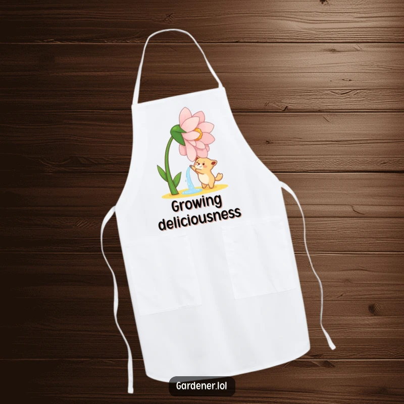 Funny apron featuring a cute animal character joyfully watering a giant, dancing flower, for kitchen gardening fun.