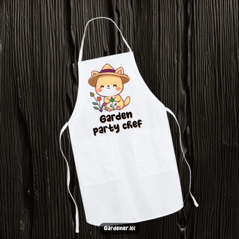 Funny animal character apron in a straw hat, delighted by plants, offering protection and humor.