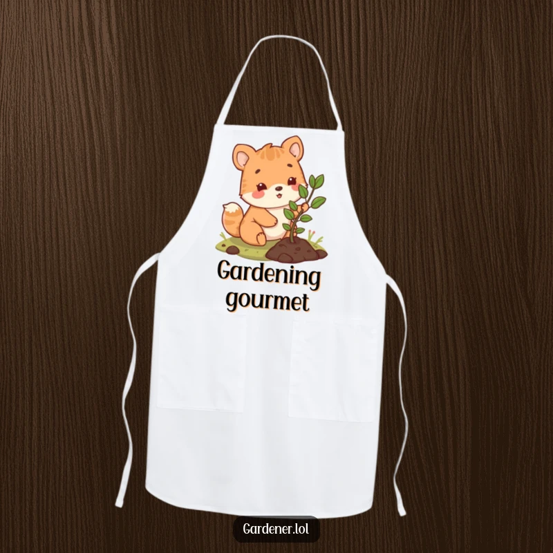 Funny apron with a cute animal character happily planting a small sapling, ideal for kitchen activities and garden lovers.