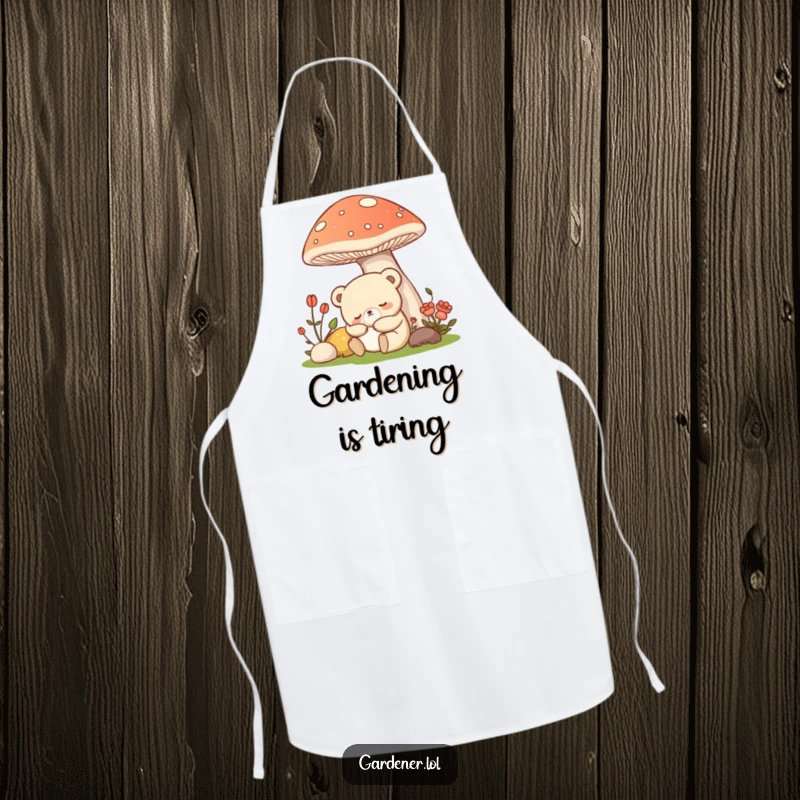 Funny Kawaii bear gardener apron, a sleepy bear napping under a mushroom, functional and humorous kitchen gear.