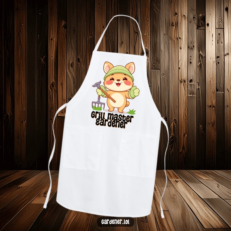 Funny Apron: A happy animal character holds a rake, wearing oversized gardening gloves, ready for garden and kitchen tasks.
