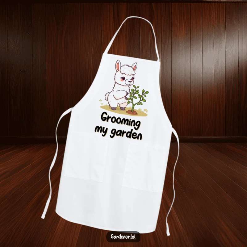 Funny Llama Gardener Apron: A charming llama gardener thoughtfully prunes a tiny plant, making kitchen chores humorous.