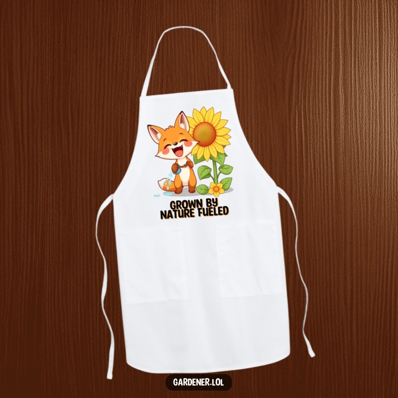 Funny apron featuring an excited fox watering a giant sunflower with glee, perfect for cheerful and practical kitchen use.