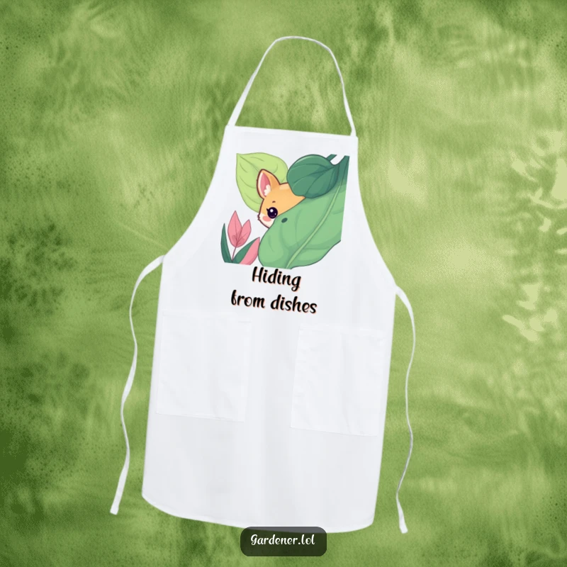 Funny apron showing a cute animal character playfully peeking from behind a large, lush leaf, a humorous design for the kitchen.