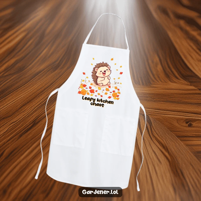 Funny Hedgehog Gardener Apron: A happy hedgehog rolls through leaves, bringing a cheerful and humorous vibe to the kitchen.