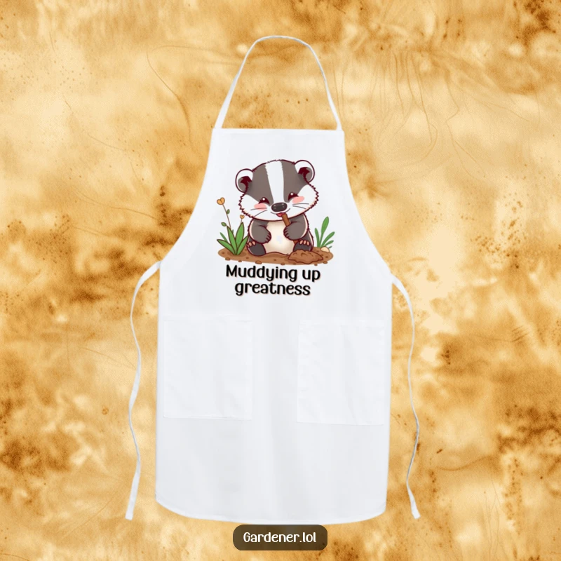 Funny apron: A delighted badger gardener with dirt smudges on its nose digs enthusiastically, perfect for kitchen or garden tasks.