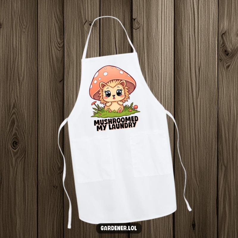 Funny hedgehog apron showing a surprised creature peeking out from behind a mushroom, perfect for a cook with a sense of humor.