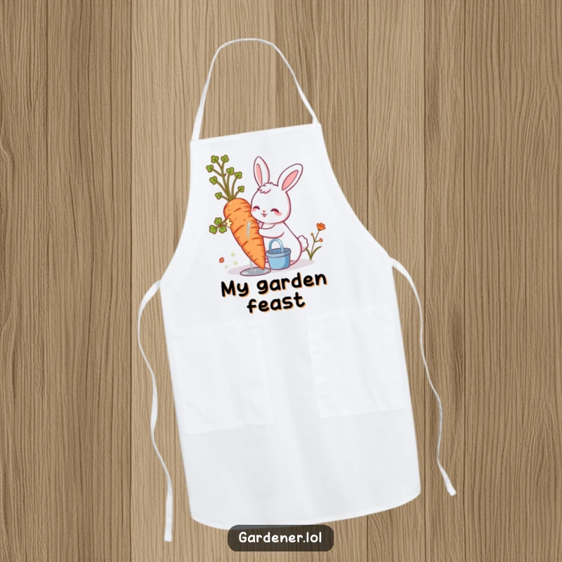 Funny cute bunny watering a giant carrot, a humorous gardening apron for the kitchen.