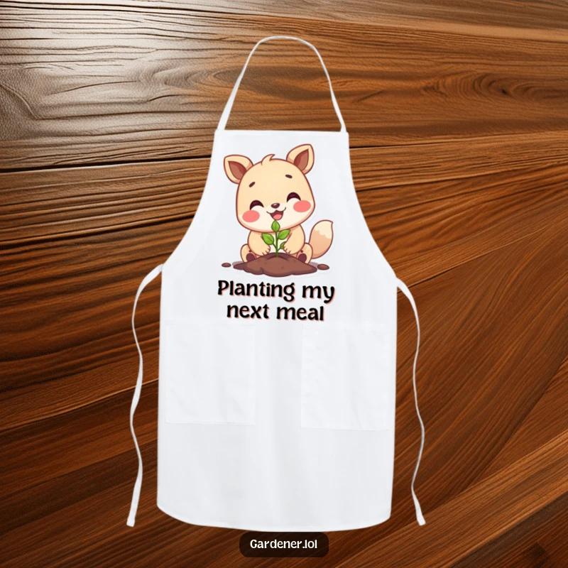 Funny happy animal planting a tiny seedling with a big smile, protective kitchen and gardening apron.