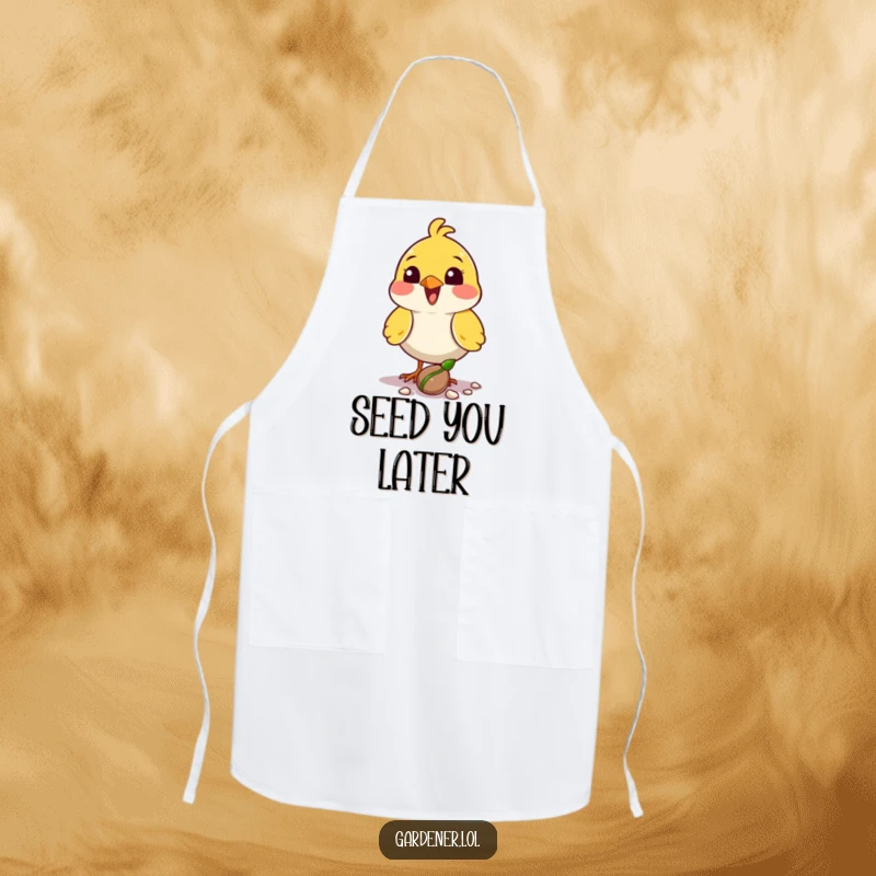 Funny bird planter apron showing a delighted character planting a seed with its beak, perfect for kitchen gardening.