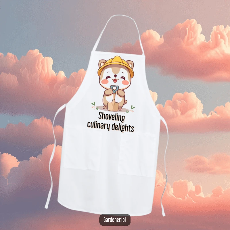 Funny apron showing a happy character balancing a small shovel on its nose, whimsical kitchenware.