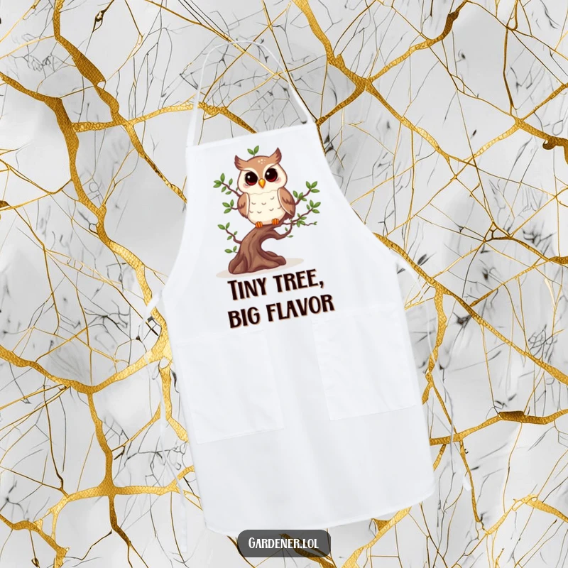 Funny owl character diligently pruning a bonsai tree, printed on a protective kitchen apron.