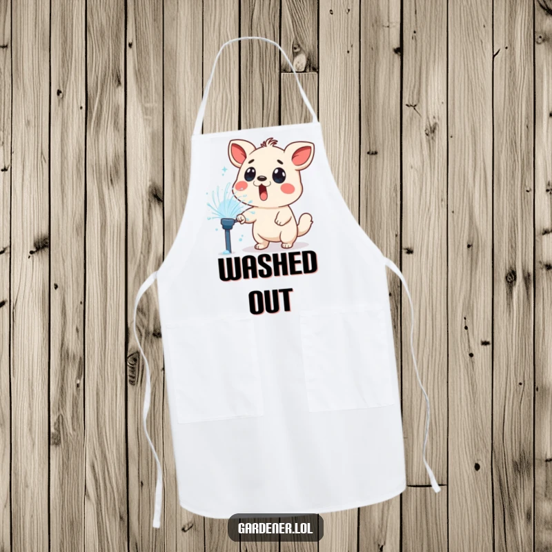 Funny apron design of a surprised animal character playfully sprayed by a lawn sprinkler, perfect for a cook with a sense of humor.