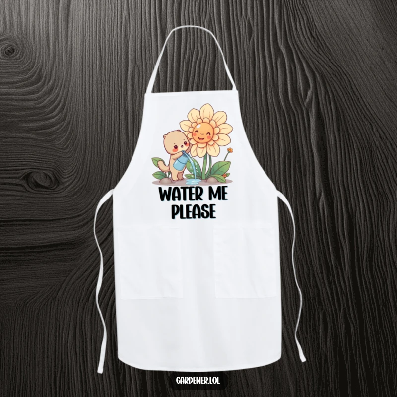 Funny cute animal enthusiastically watering a giant smiling flower, protective kitchen and gardening apron.