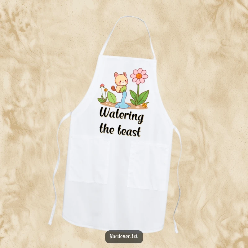 Funny apron with a small animal character joyfully watering a comically large flower, perfect for a cheerful gardening experience.