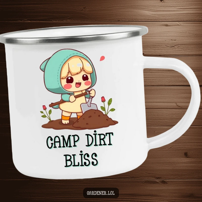 Funny Camping Mug: A character sighs happily while scooping soil with a trowel, perfect for enjoying drinks in the great outdoors.