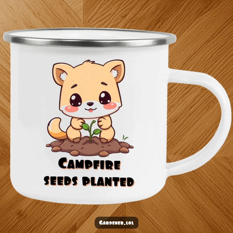 Funny camping mug featuring a determined animal character planting a tiny seed, perfect for campfire coffee or tea.