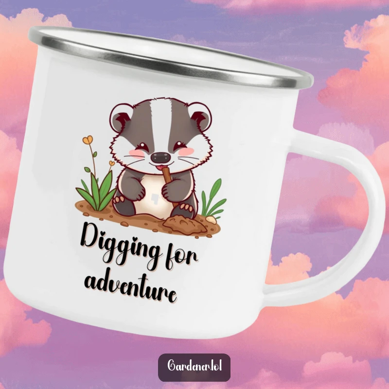 Funny camping mug: A delighted badger gardener with dirt smudges on its nose digs enthusiastically, perfect for outdoor use.