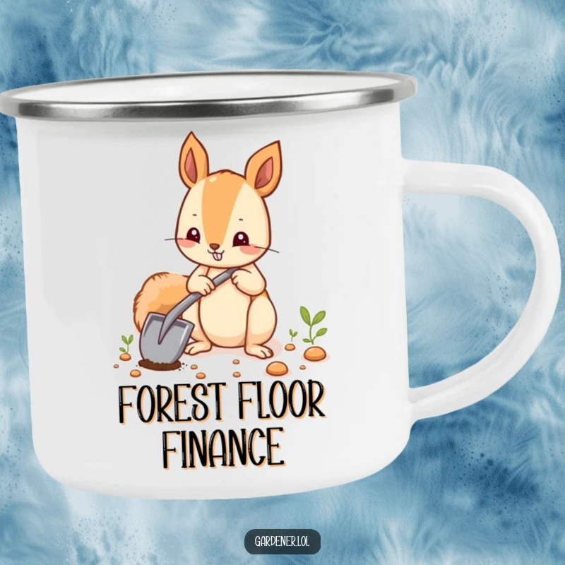 Funny squirrel planting seeds with a tiny shovel on a rugged camping mug.