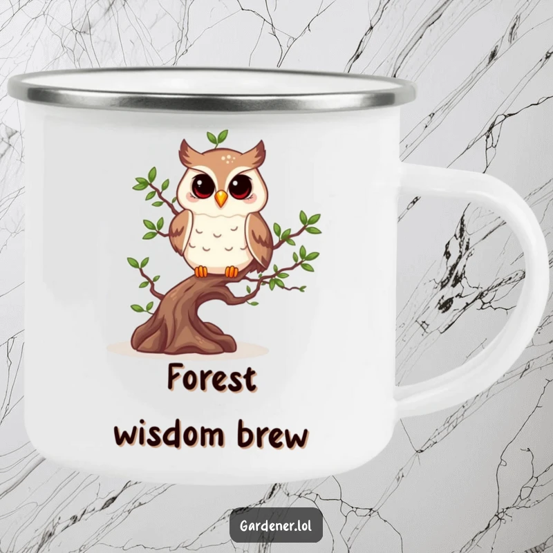 Funny owl pruning a bonsai tree with shears on a sturdy camping mug.