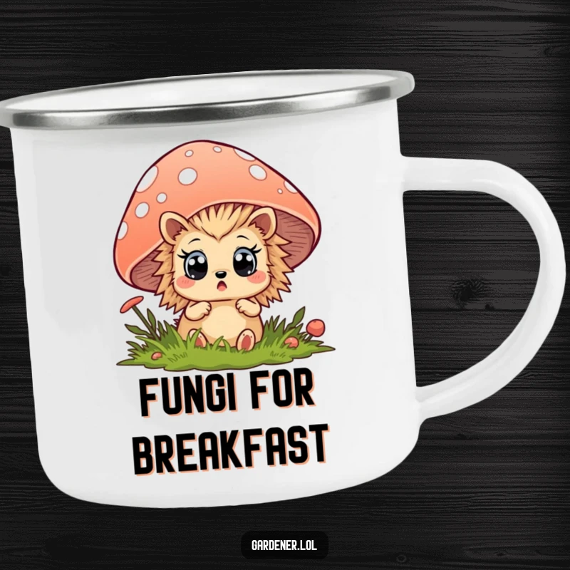 Funny hedgehog camping mug with a surprised animal peeking from behind a mushroom, perfect for outdoor enthusiasts.