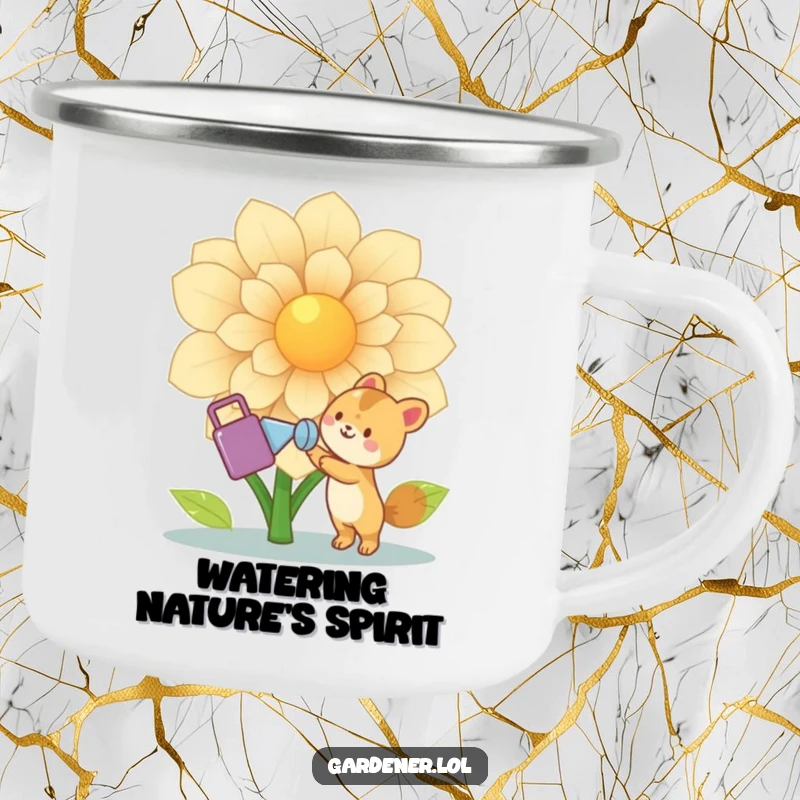 Funny Animal Gardener Camping Mug: Cute joyful animal character waters a giant flower with a watering can, ready for outdoor adventures, a hardy funny gift.